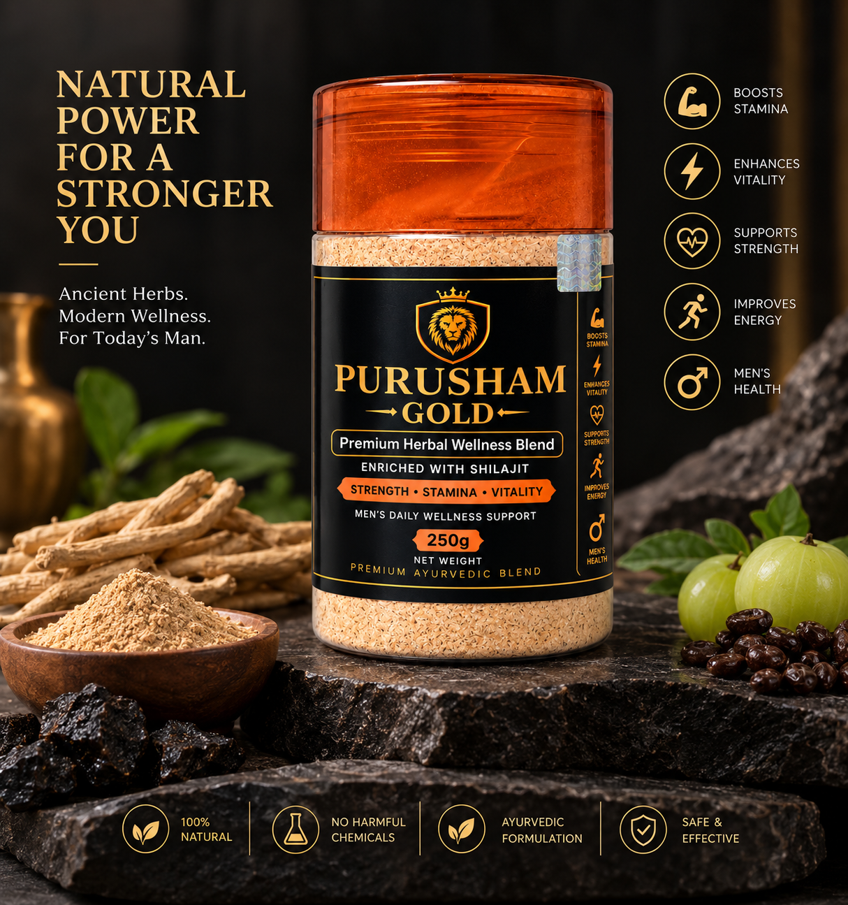 Purusham Gold – Premium Herbal Wellness Blend with Shilajit